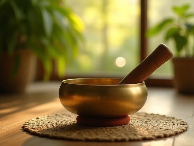 Soft light filtering into a serene room with a sound bowl, symbolizing harmony and peace