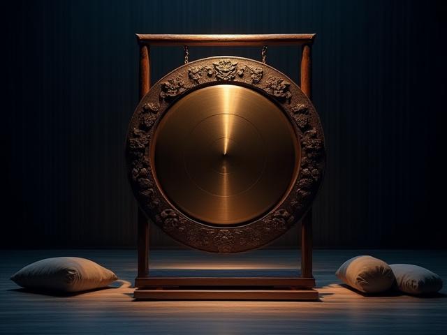 Large therapeutic gong in a dimly lit, calming space