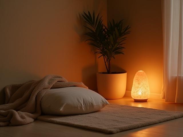 Cozy meditation corner with soft lighting and natural elements