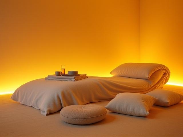 Comfortable relaxation area with soft blankets and warm lighting