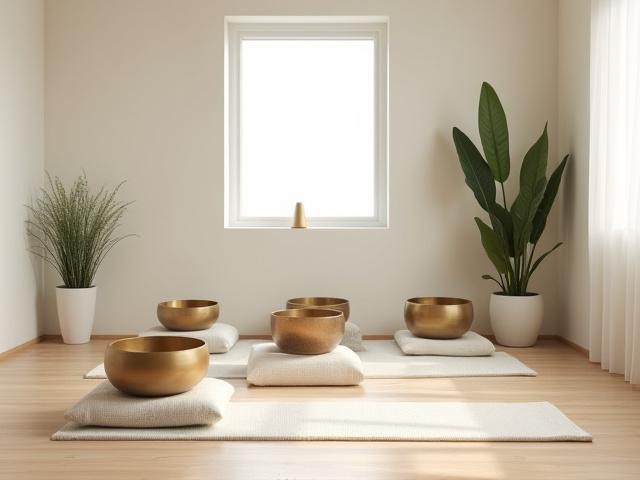 Serene therapy room with sound bowls and meditation cushions