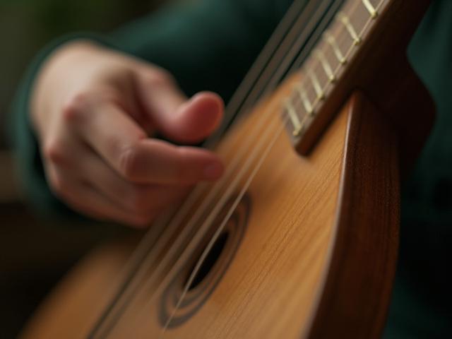 Musician playing a gentle acoustic string instrument, possibly a harp or guitar, in a serene setting