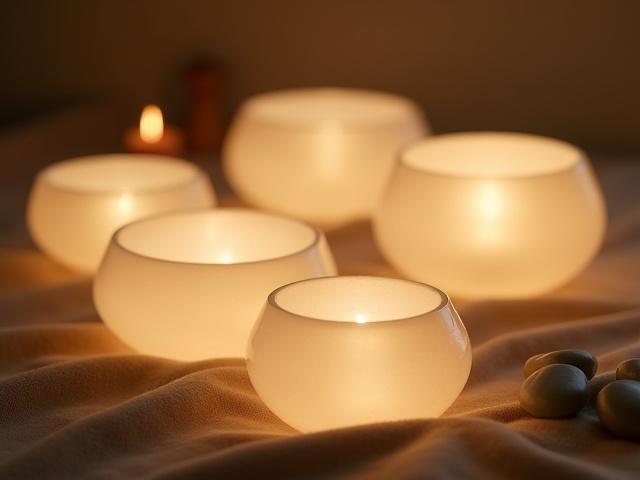Crystalline singing bowls resonating during a therapeutic sound bath session